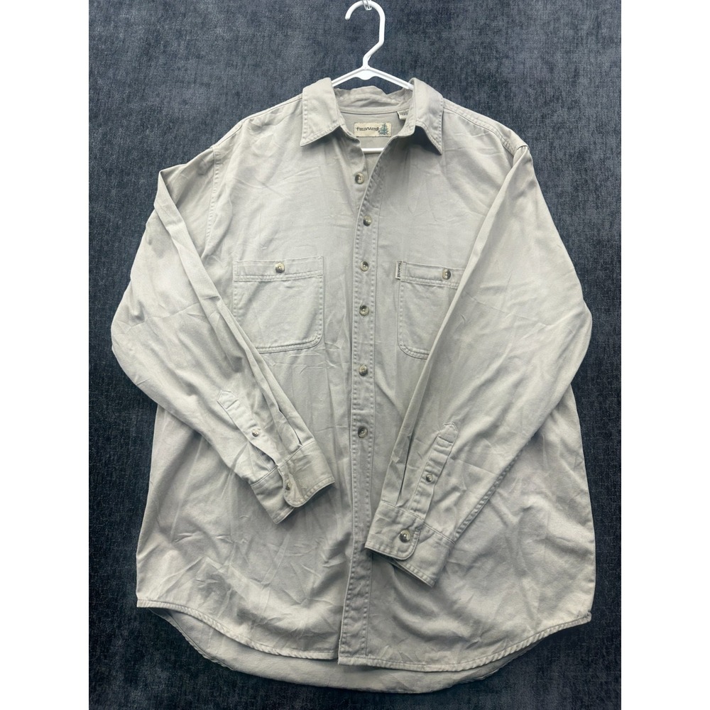 FieldMaster Shirt Mens Large Tall Beige Cotton Back Box Shirttail Hem Button Up